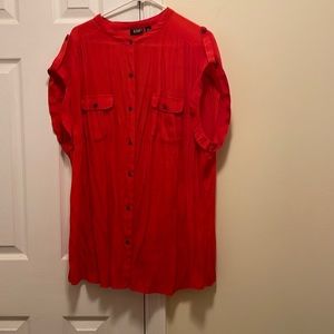 Red Ladies Blouse with Front Pockets & Shoulder Detail by Ana. 3X.